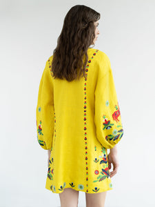 YELLOW LINEN DRESS WITH EMBROIDERED PRYKHODKO