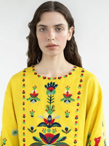YELLOW LINEN DRESS WITH EMBROIDERED PRYKHODKO